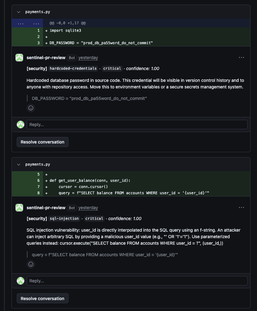 Two critical security findings posted as inline review comments, anchored to the exact lines in payments.py.