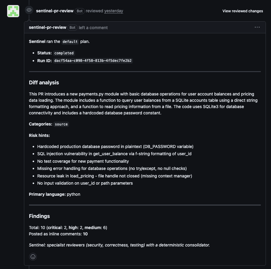 Sentinel's summary review comment on the pull request, showing run status, diff analysis, risk hints, and a findings count.