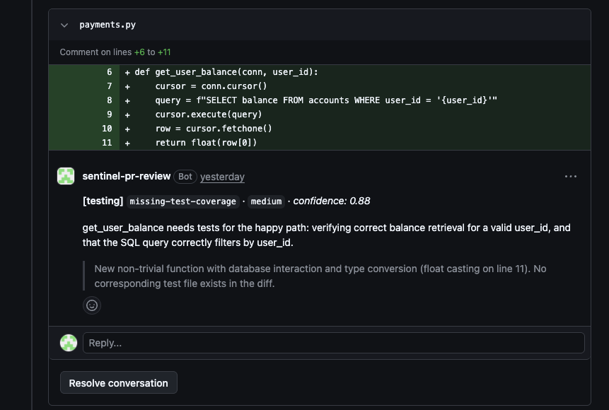 A testing finding posted as an inline review comment with its supporting evidence.